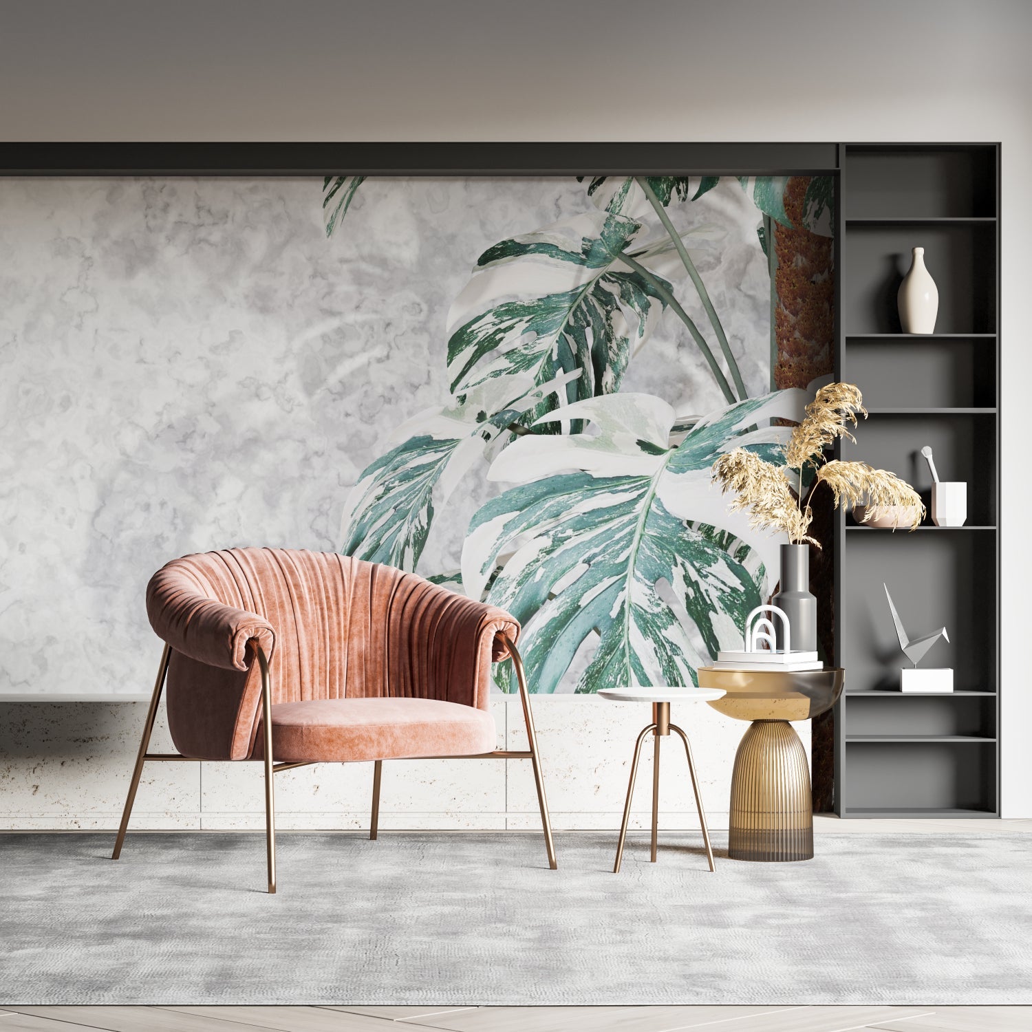 Dining room showcasing green Monstera wallpaper with sophisticated marble details