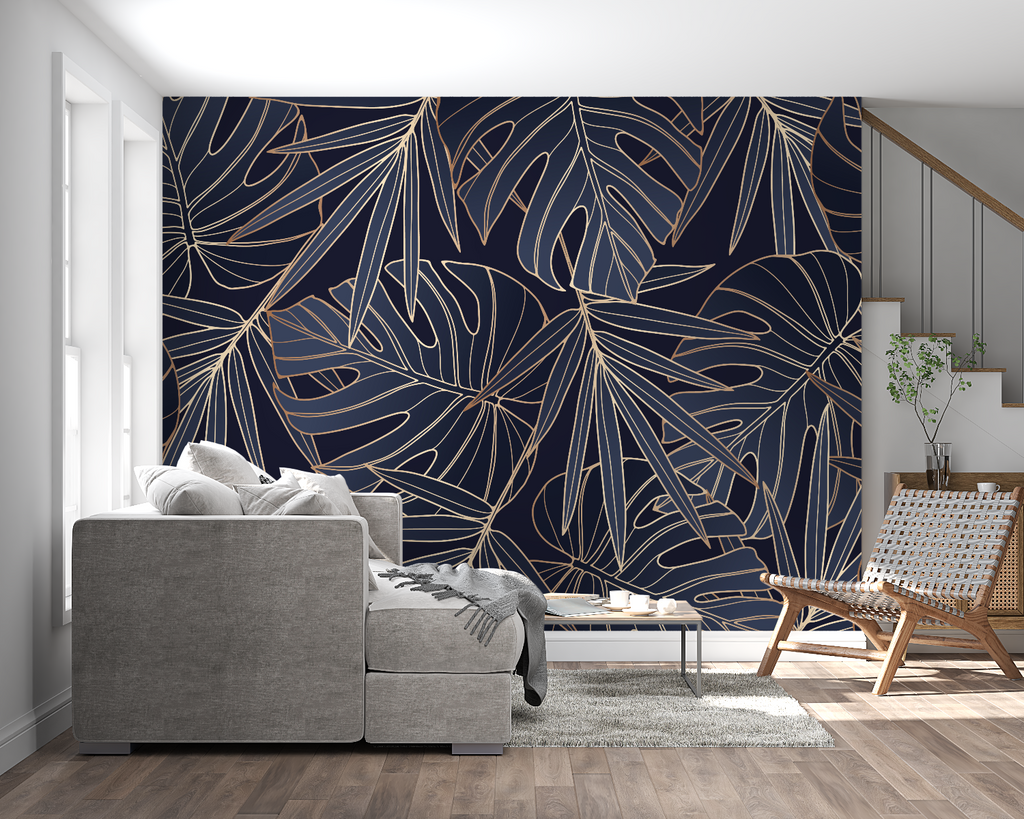 Master bedroom featuring Gold Line Art Monstera Wallpaper on navy background