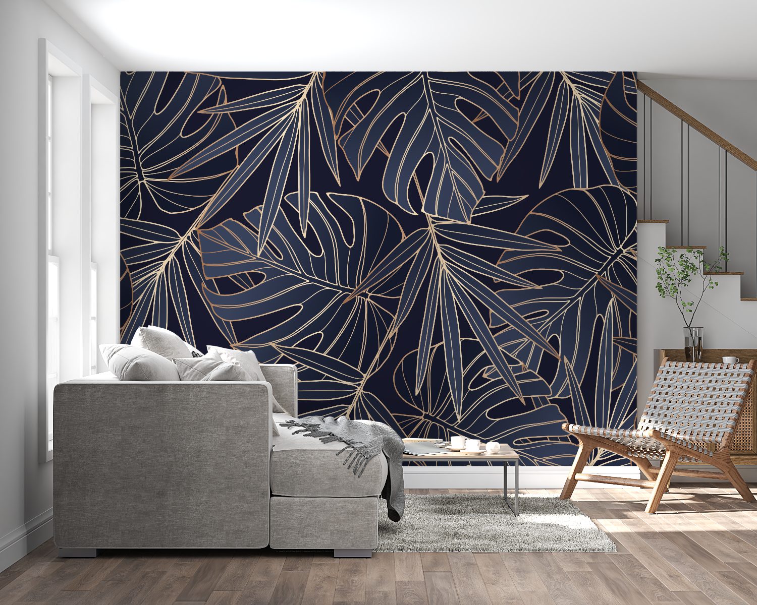 Master bedroom featuring Gold Line Art Monstera Wallpaper on navy background