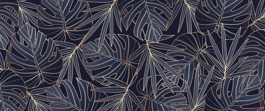 Gold Monstera Line Art design file on navy background showing intricate leaf pattern details