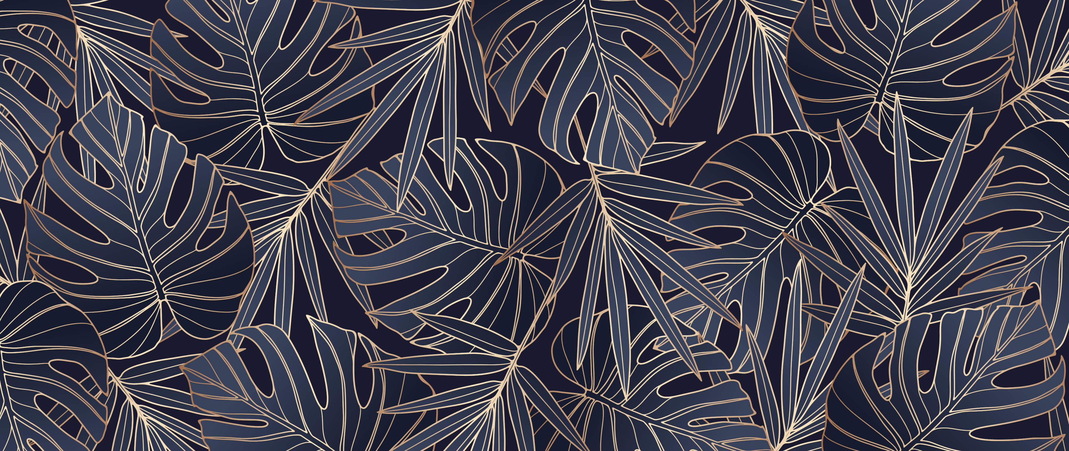 Gold Monstera Line Art design file on navy background showing intricate leaf pattern details