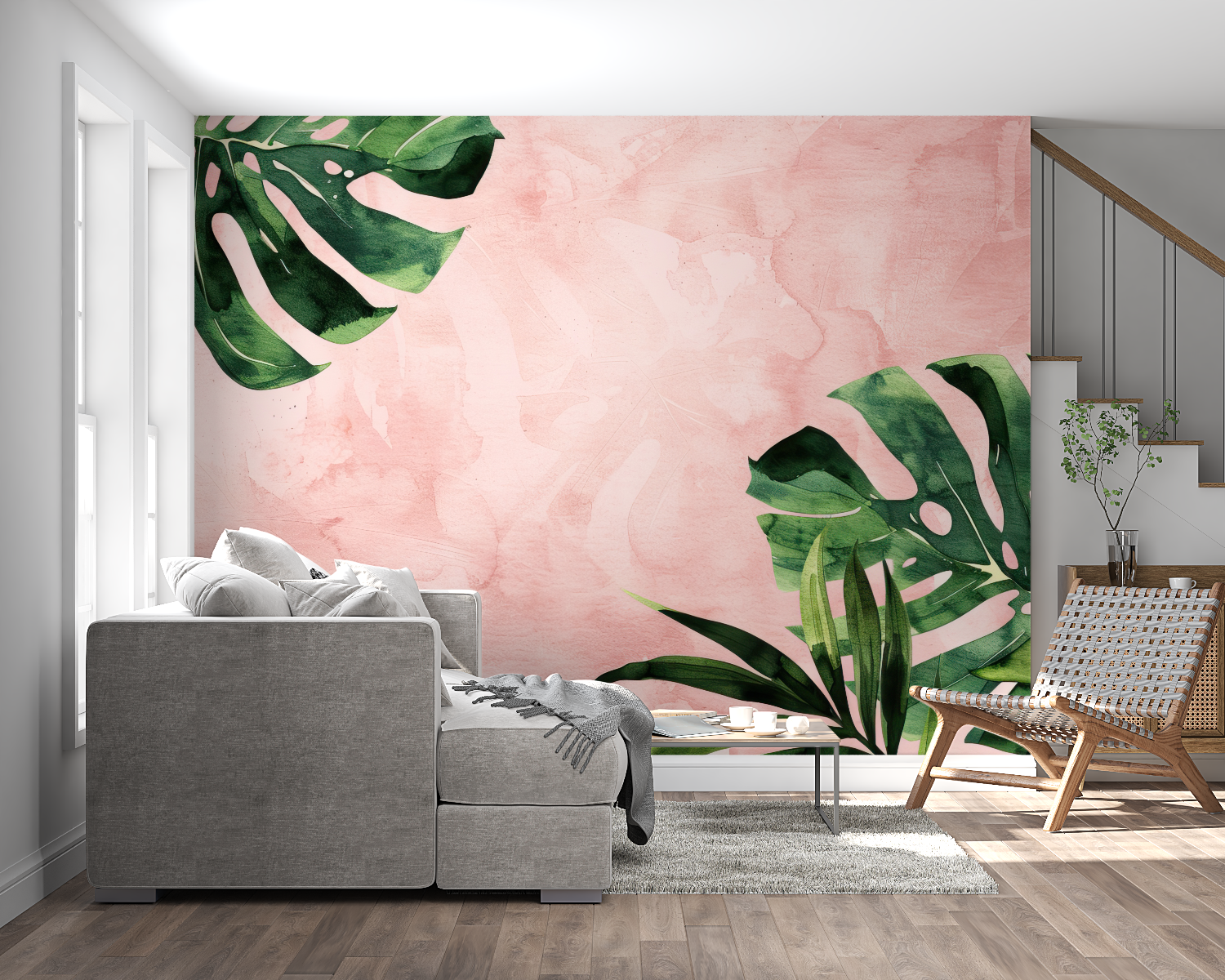 Dining room transformed with tropical Monstera wallpaper in pink and green