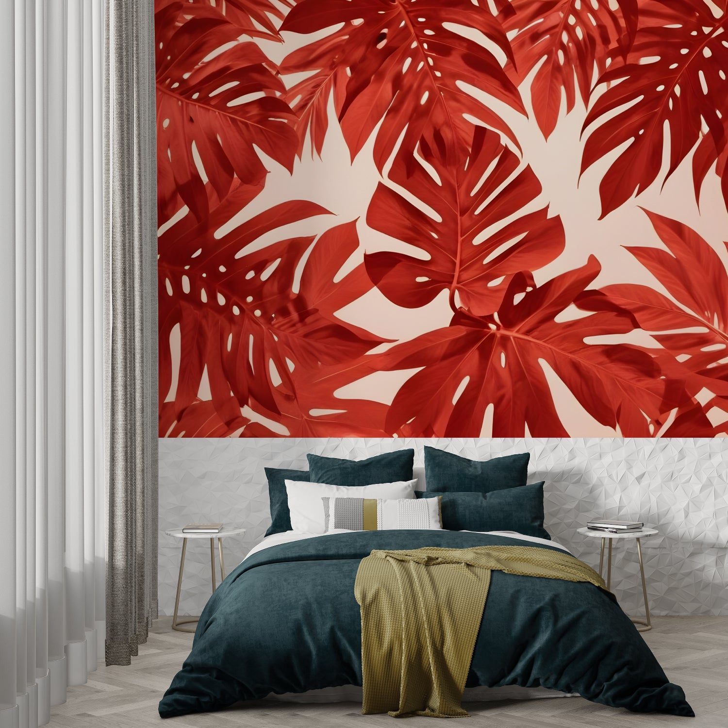 Dining area featuring tropical leaf wallpaper in terracotta tones adding natural elegance
