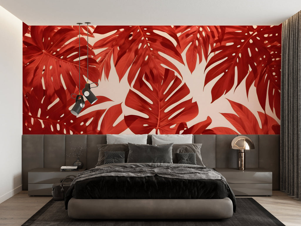 Home office with Monstera wall mural showing detail of terracotta botanical pattern
