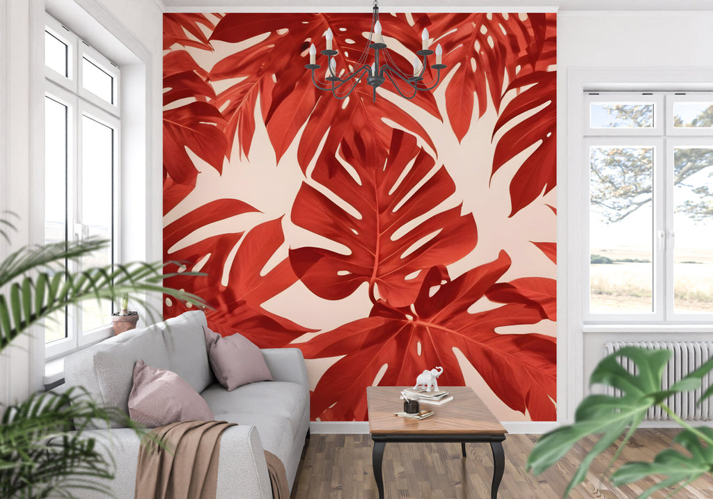 Bedroom with botanical wallpaper displaying large-scale Monstera leaves in warm terracotta
