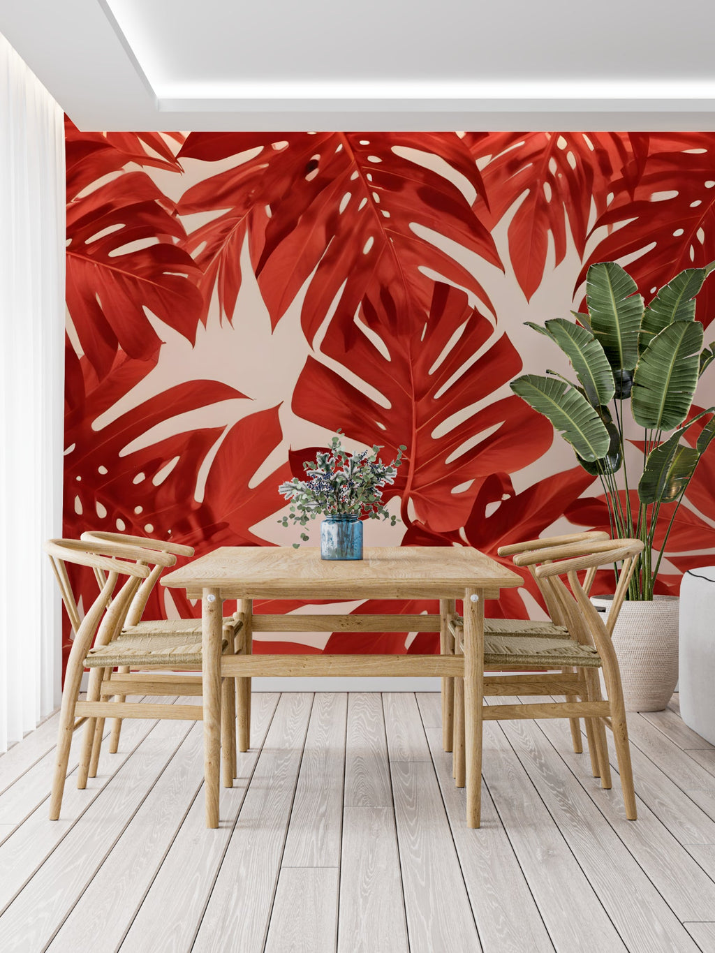 Entryway transformed with tropical leaf mural showing rich terracotta monstera pattern