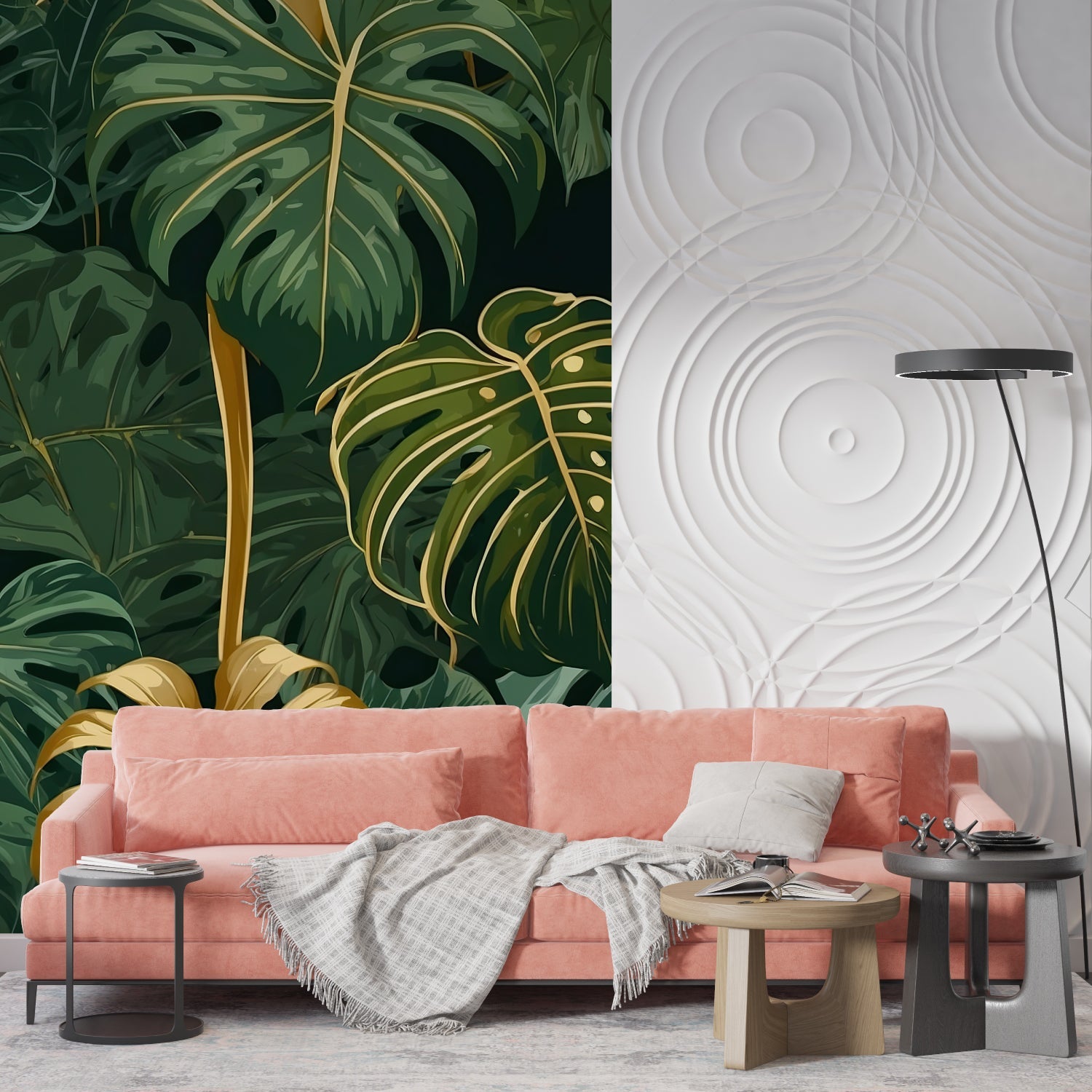 Dining area featuring tropical Monstera wallpaper with golden accents