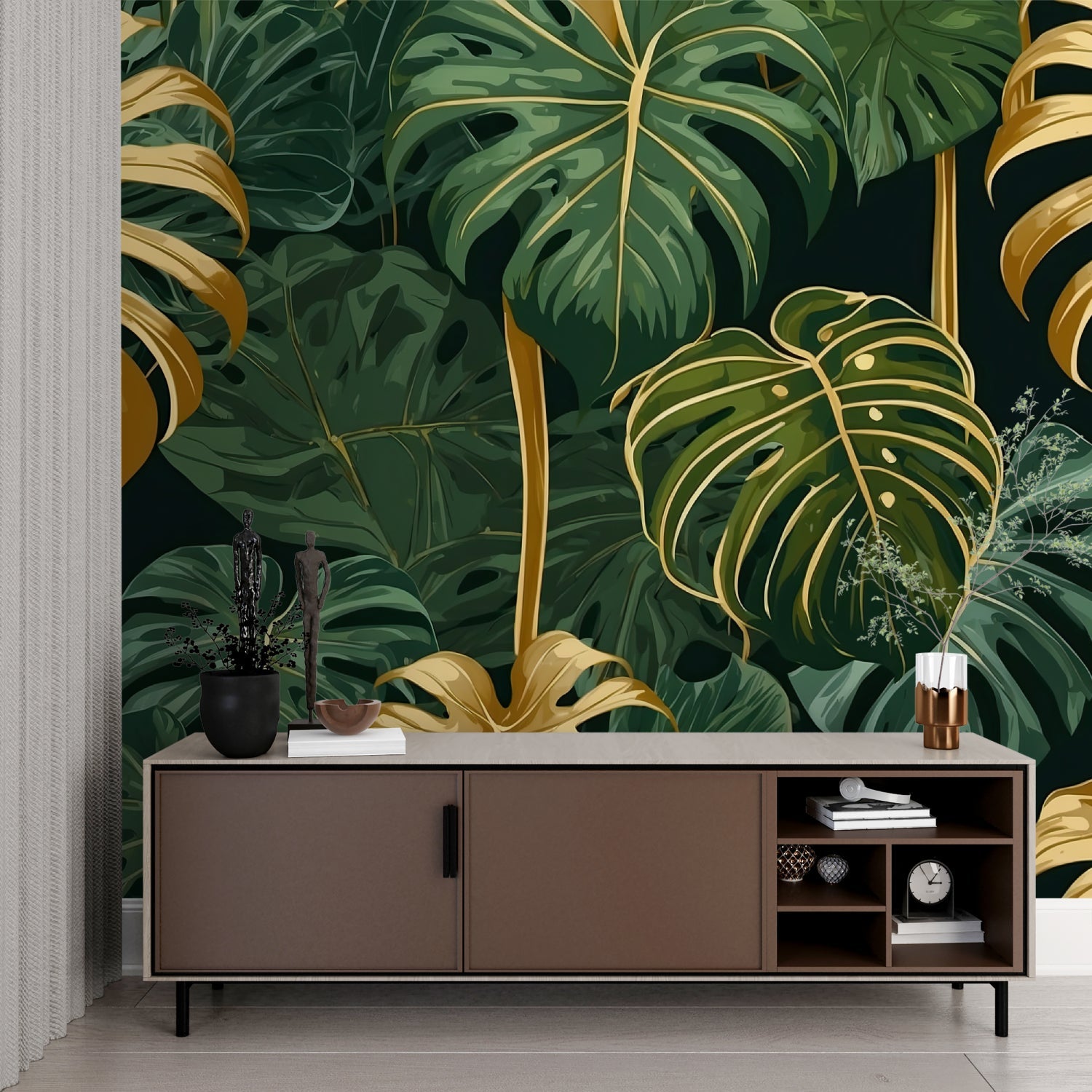 Home office with botanical Monstera leaf mural creating fresh atmosphere
