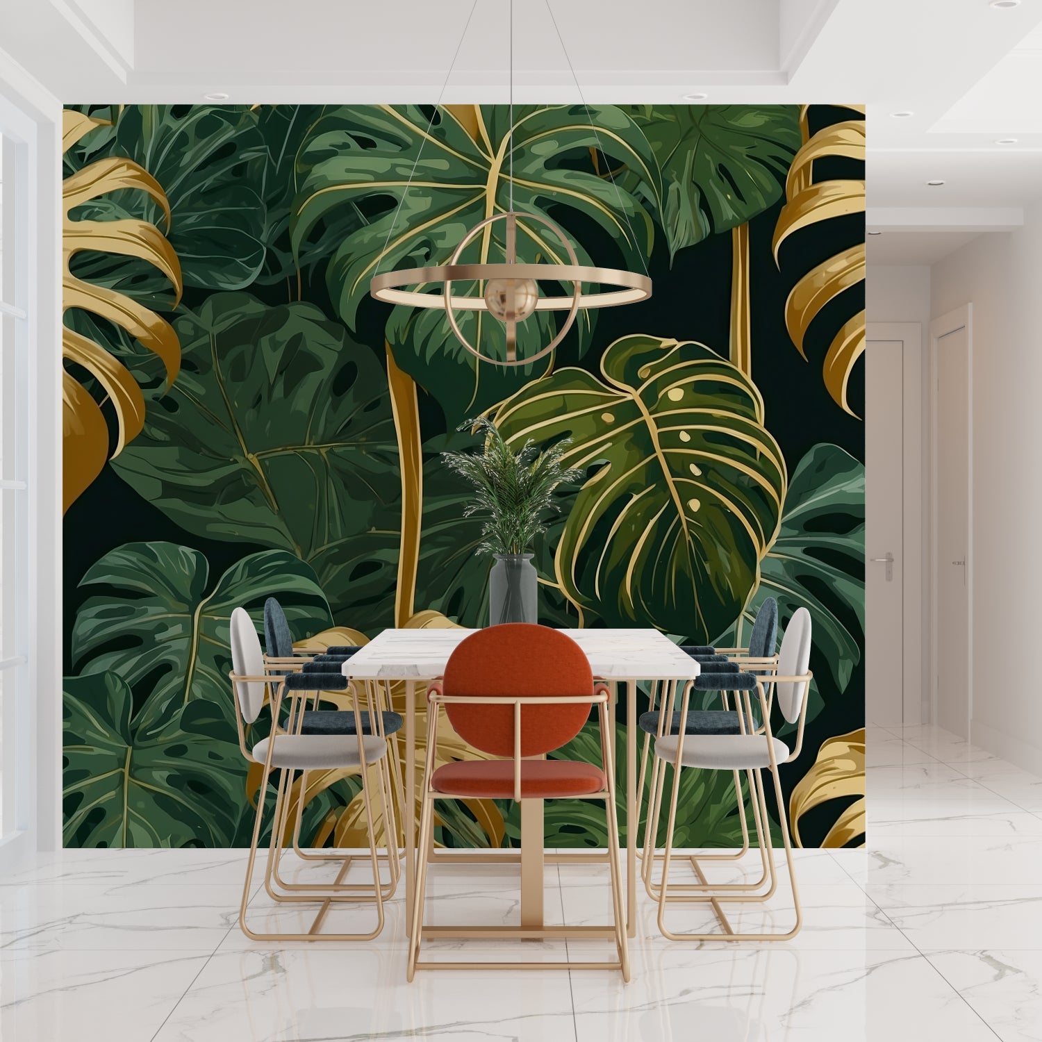 Bedroom wall decorated with green and gold Monstera leaf pattern