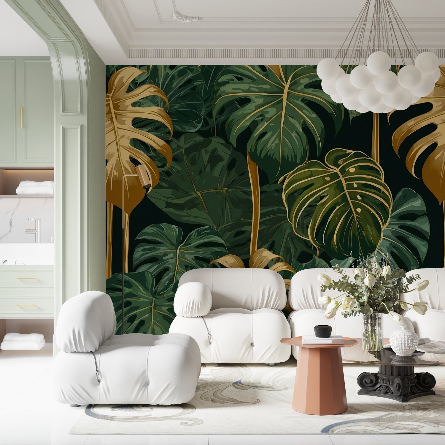 Hallway showcasing large-scale Monstera leaf wallpaper design