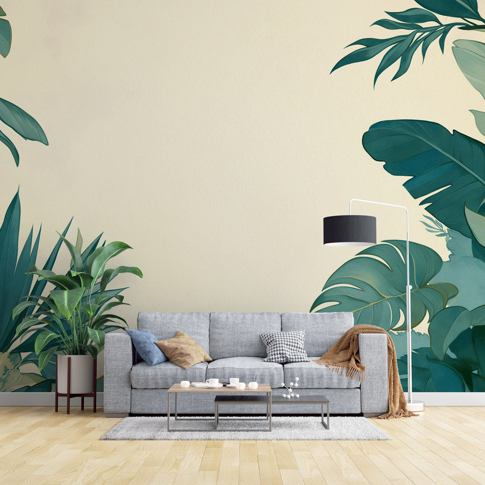 Modern living room featuring Monstera leaf wallpaper with emerald green leaves on beige, creating a fresh tropical atmosphere