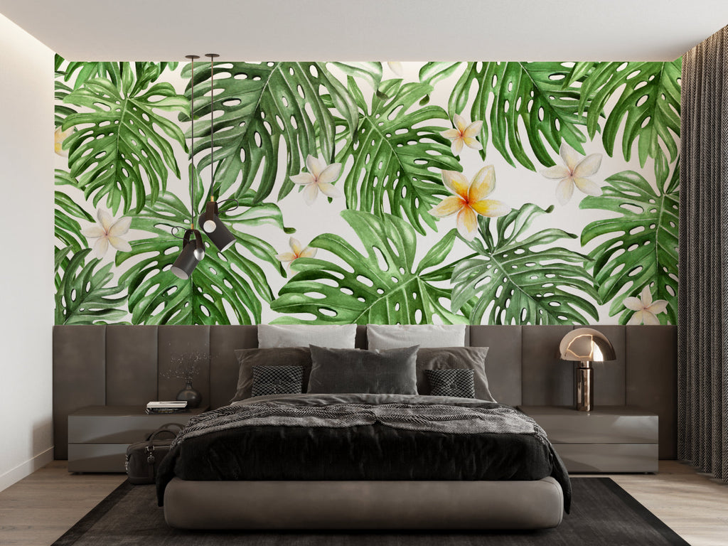 Monstera wall mural in a dining room with natural decor elements