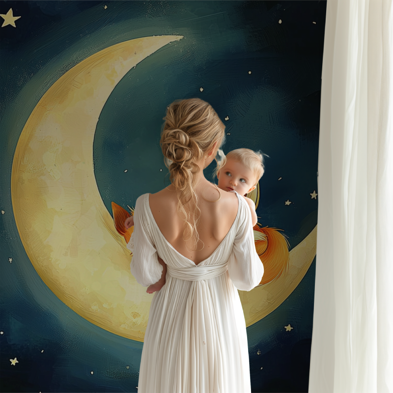 Moon fox nursery wallpaper creating a cozy atmosphere in a modern nursery with neutral furniture