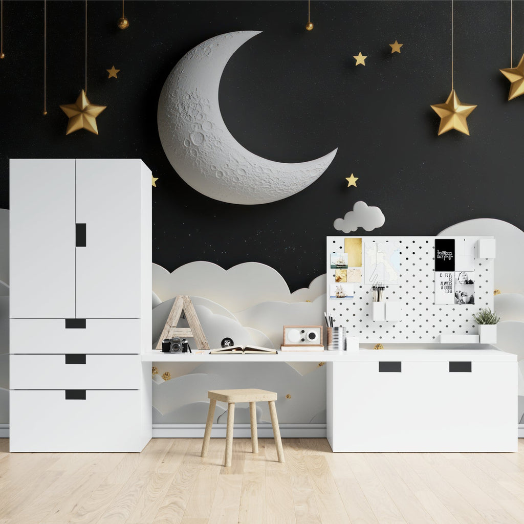 Night sky mural creating depth in a home office space