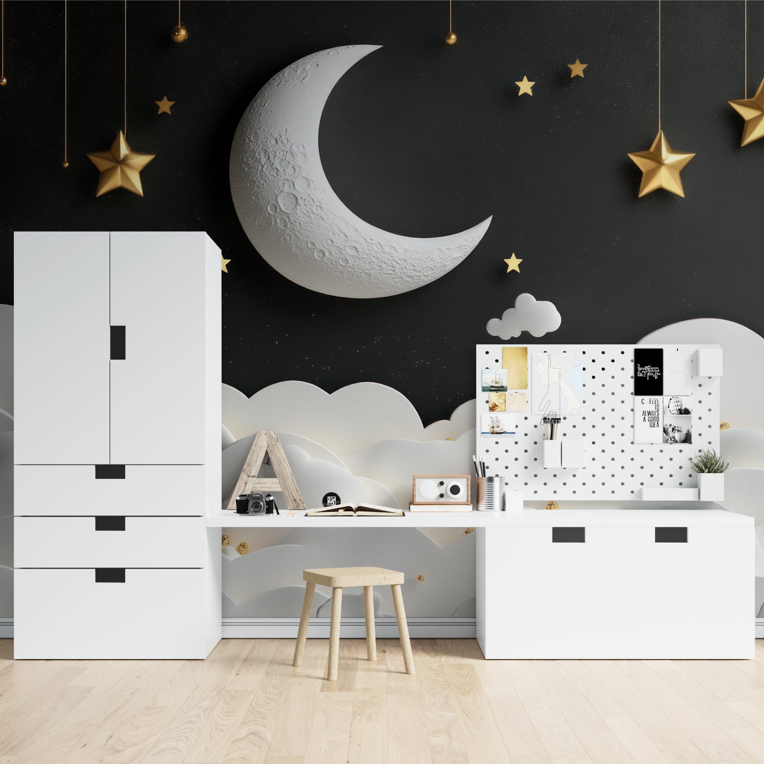Night sky mural creating depth in a home office space
