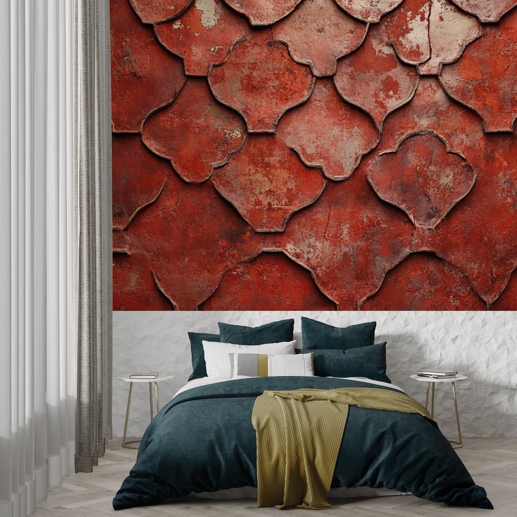 Moroccan pattern wallpaper in warm terracotta tones creating depth in a modern living room