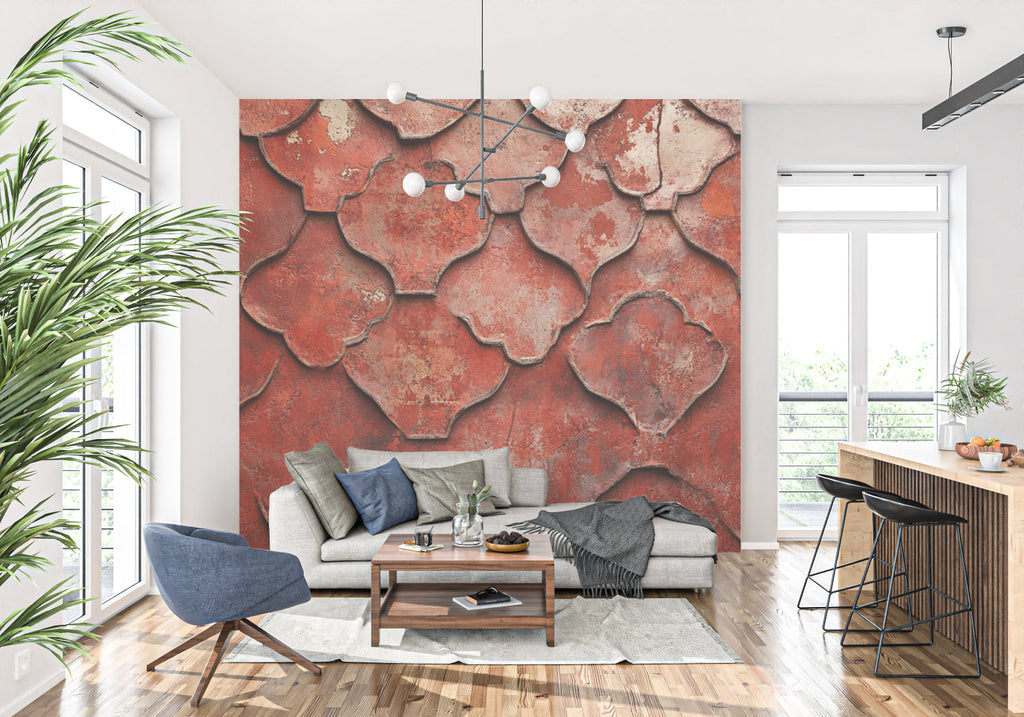 Mediterranean style terracotta wallpaper bringing character to a home office