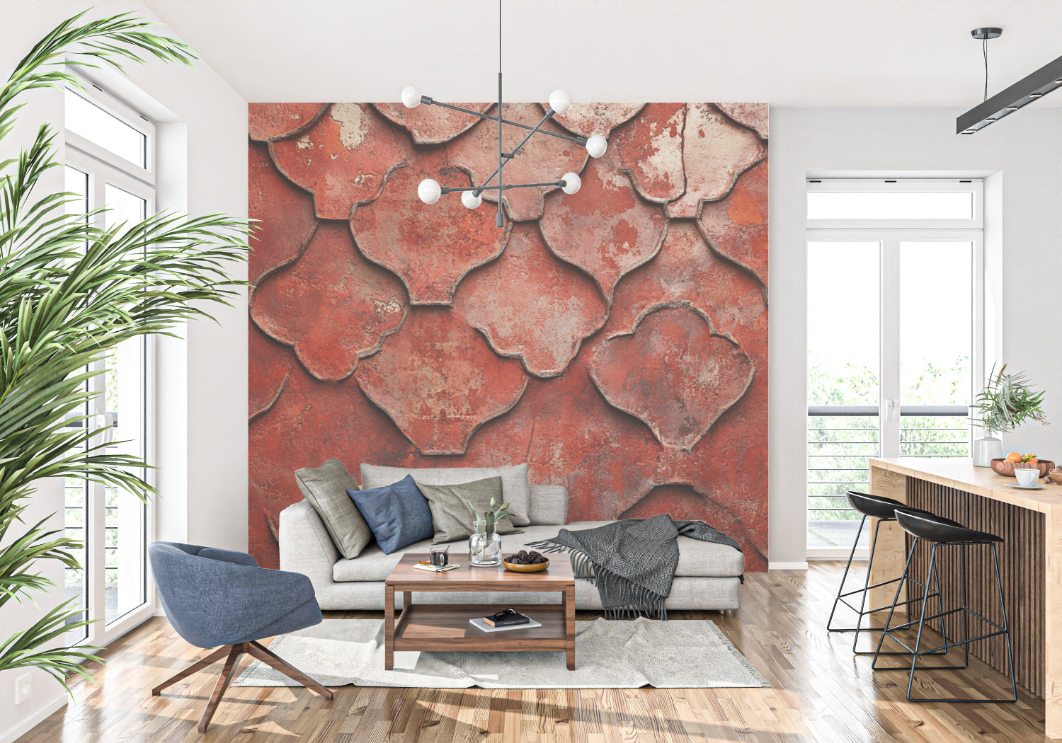 Mediterranean style terracotta wallpaper bringing character to a home office