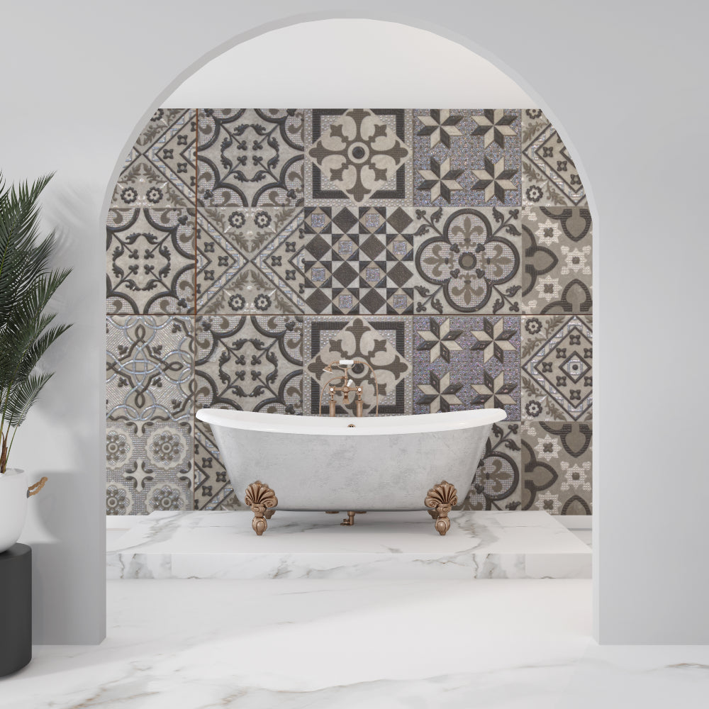 Grey Moroccan wallpaper in stylish home office with natural lighting