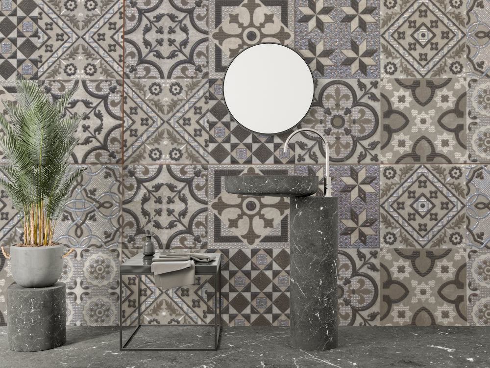 Vintage tile pattern mural in hallway showcasing grey geometric design