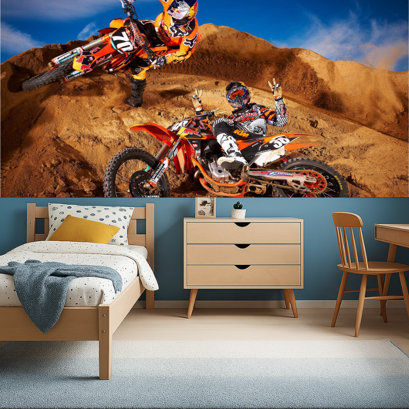 Motorcycle racing wallpaper installed in home gym with dramatic desert landscape