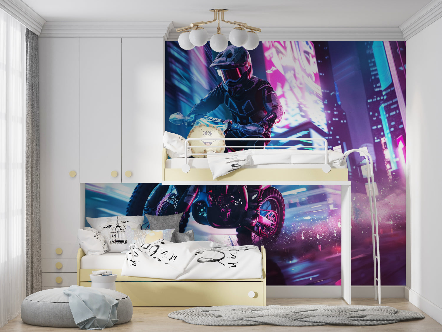Night rider motocross mural transforming a teen bedroom with vibrant neon lights