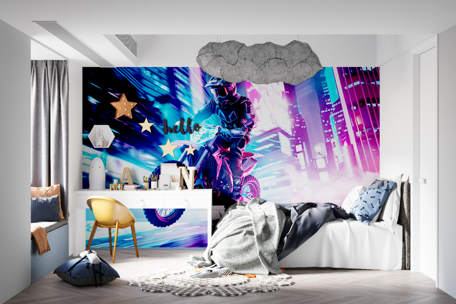 Street racing wallpaper adding cool vibes to a recreational room setup