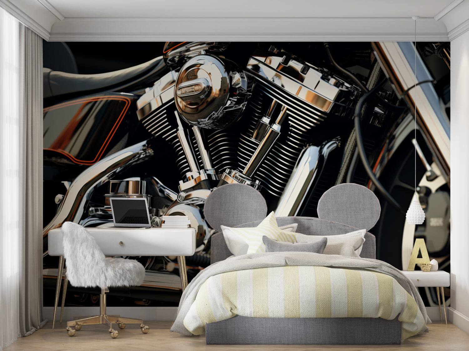 Industrial engine wallpaper transforming game room with mechanical art style