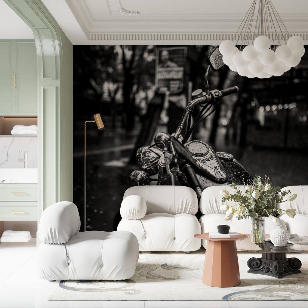Motorcycle wall mural creating modern impact in a minimalist living room with black and white urban photography