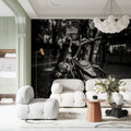 Motorcycle wall mural creating modern impact in a minimalist living room with black and white urban photography