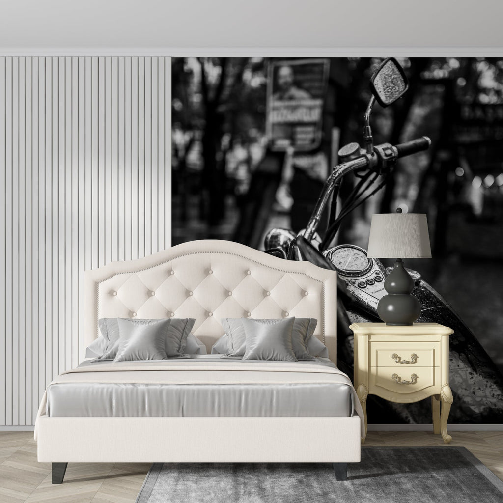 Black and white motorcycle wallpaper as feature wall in industrial style home office