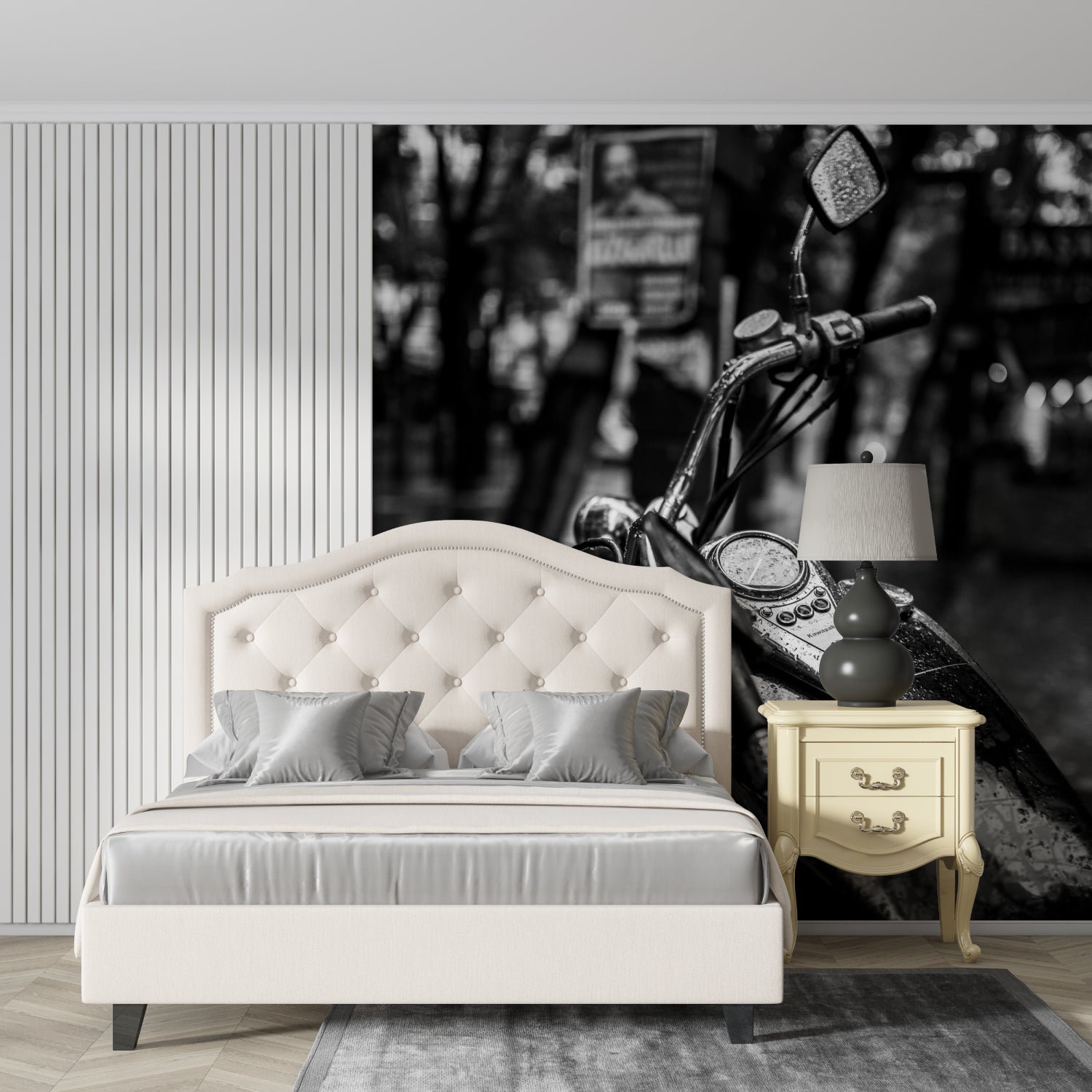 Black and white motorcycle wallpaper as feature wall in industrial style home office