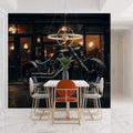 Motorcycle wallpaper in modern office space showing black custom bike against night city lights