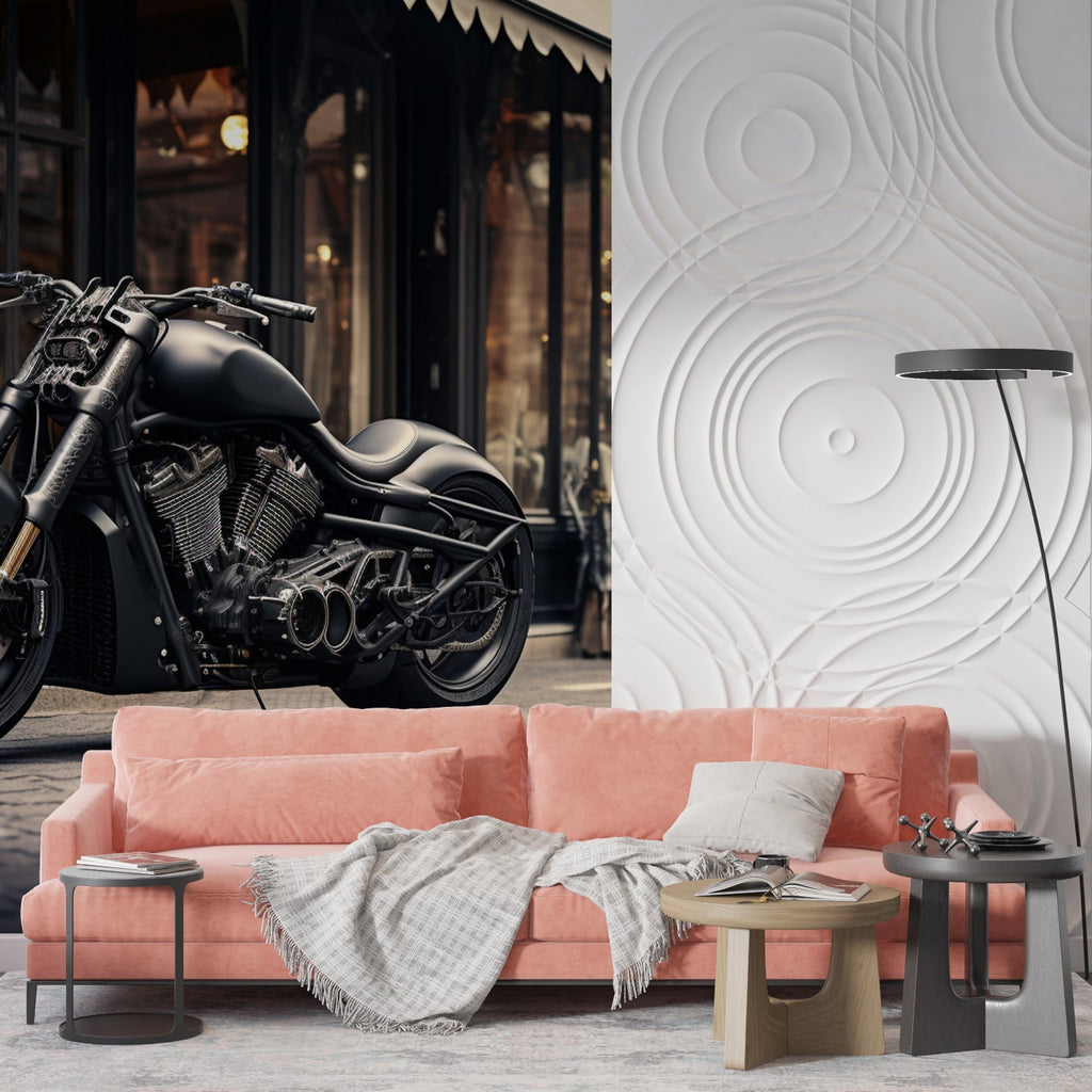 Black motorcycle mural styled in garage conversion with workshop elements