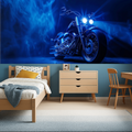 Motorcycle wallpaper mural in modern living room showing glowing blue chrome bike against dark backdrop
