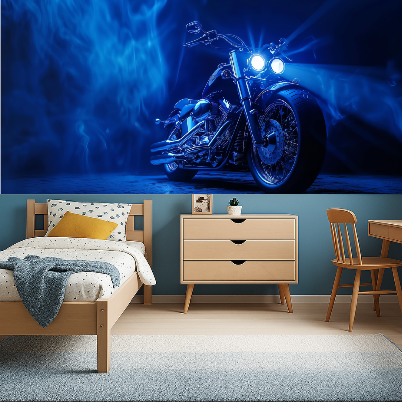 Motorcycle wallpaper mural in modern living room showing glowing blue chrome bike against dark backdrop