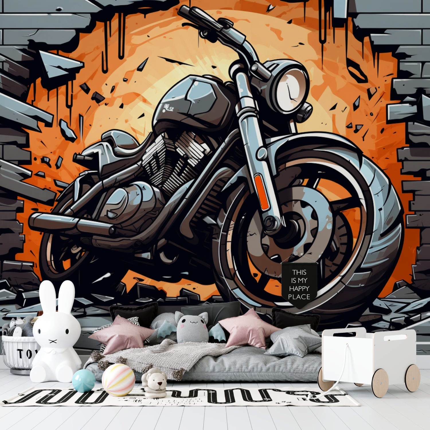 Urban motorcycle mural creating bold statement in teen bedroom