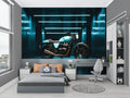 Motorcycle wallpaper mural in modern living room showing turquoise bike against urban night scene