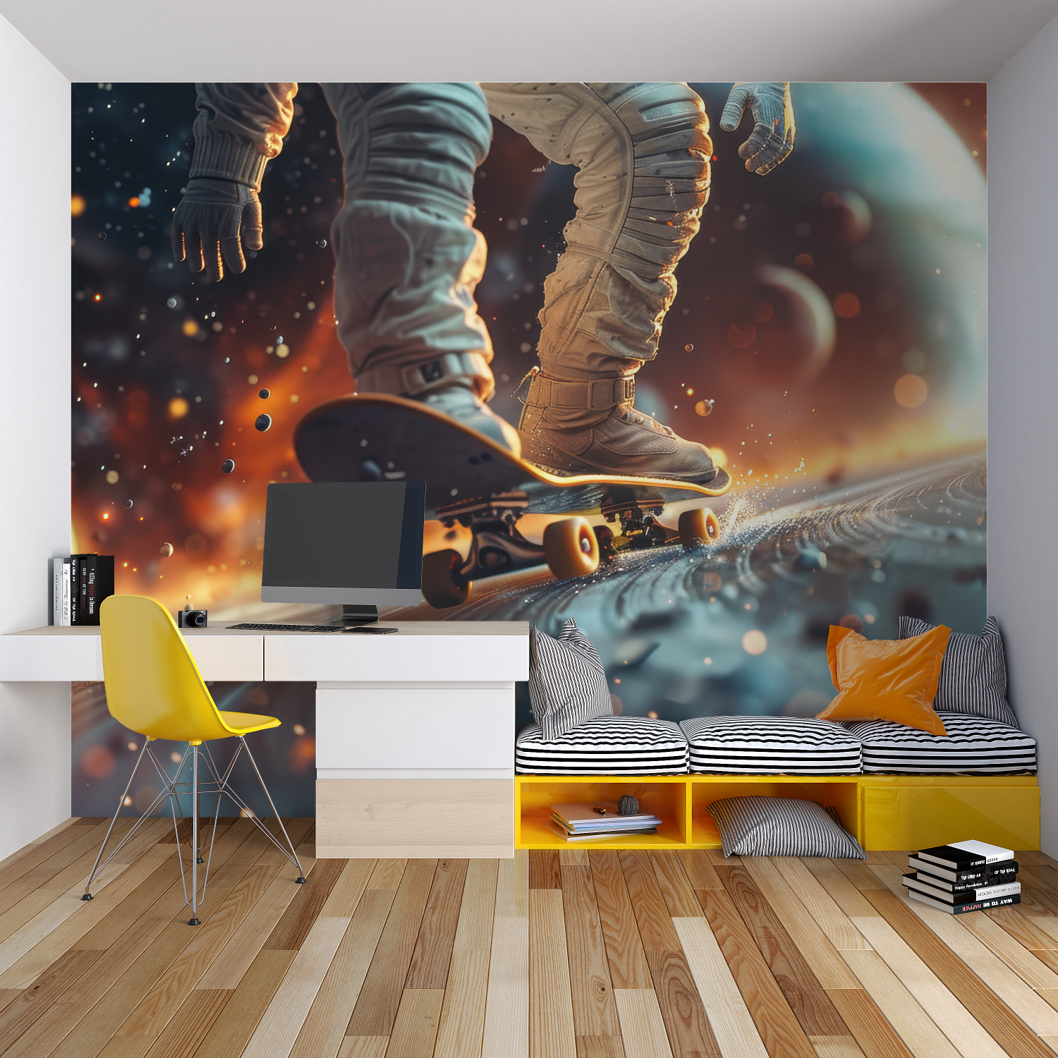 Mountain theme wall design in cozy reading corner