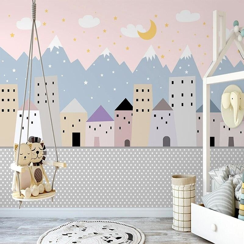 Pink sky mountain mural bringing warmth to a child's reading nook