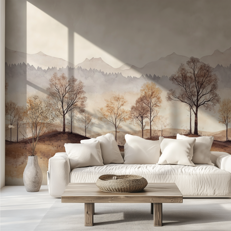 Mountain Forest Wallpaper in modern living room, creating depth with soft beige tones