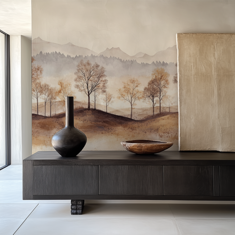 Mountain Forest Mural making dining room feel larger with misty landscape