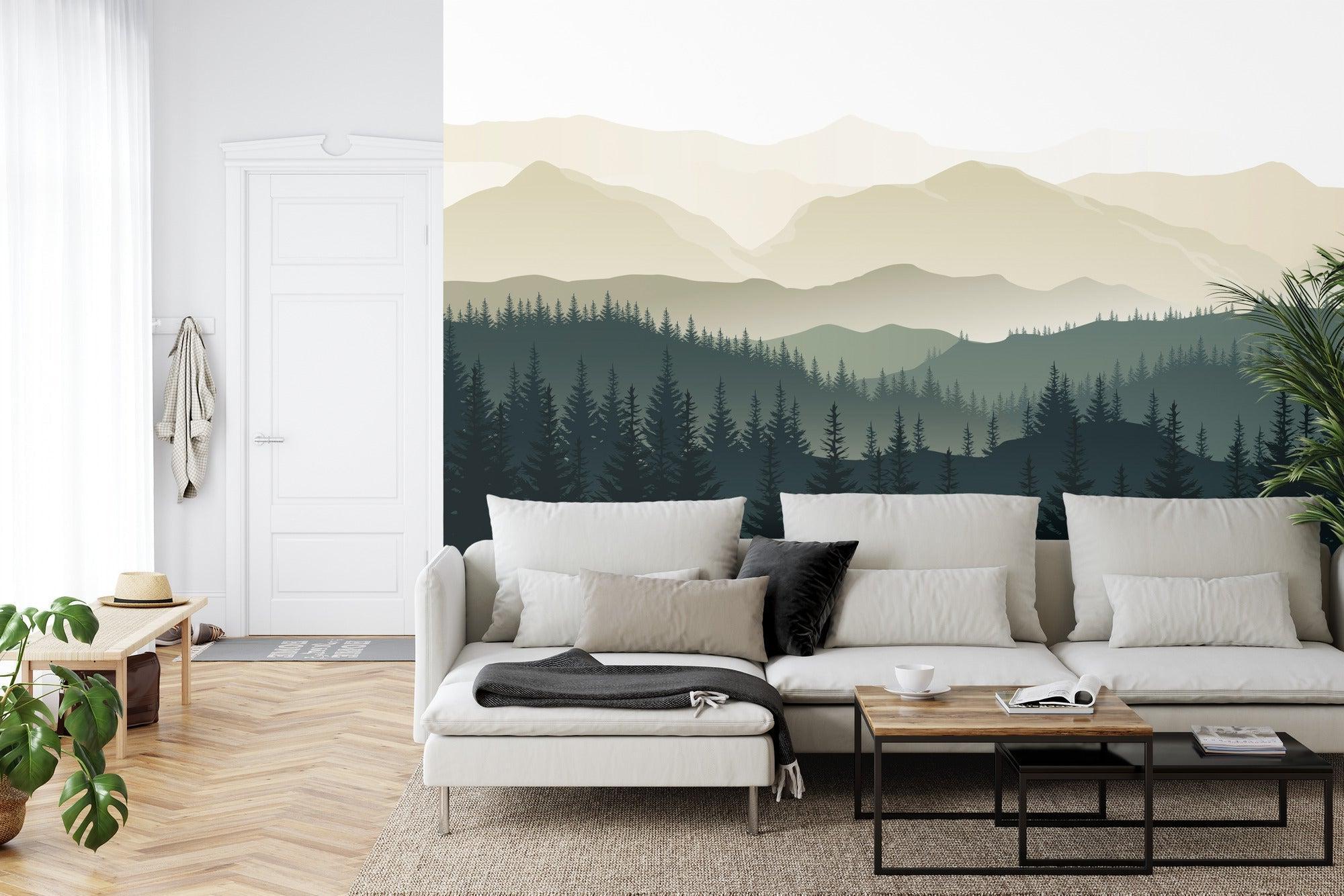 Pine forest mural wallpaper in cozy bedroom setting with wooden furniture