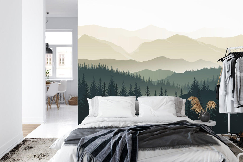 Mountain landscape wallpaper transforming home office with peaceful forest view