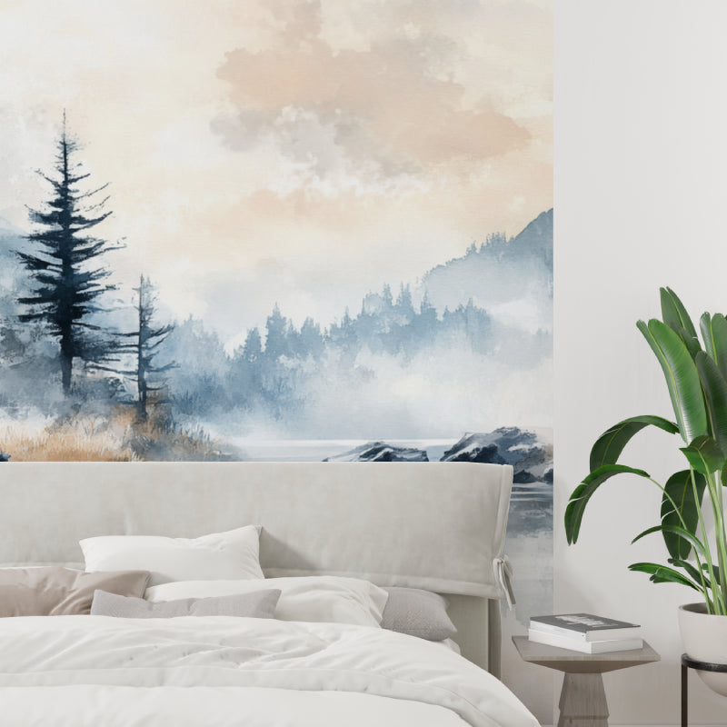 Mountain forest wallpaper creating depth in modern living room with gray sofa and natural light