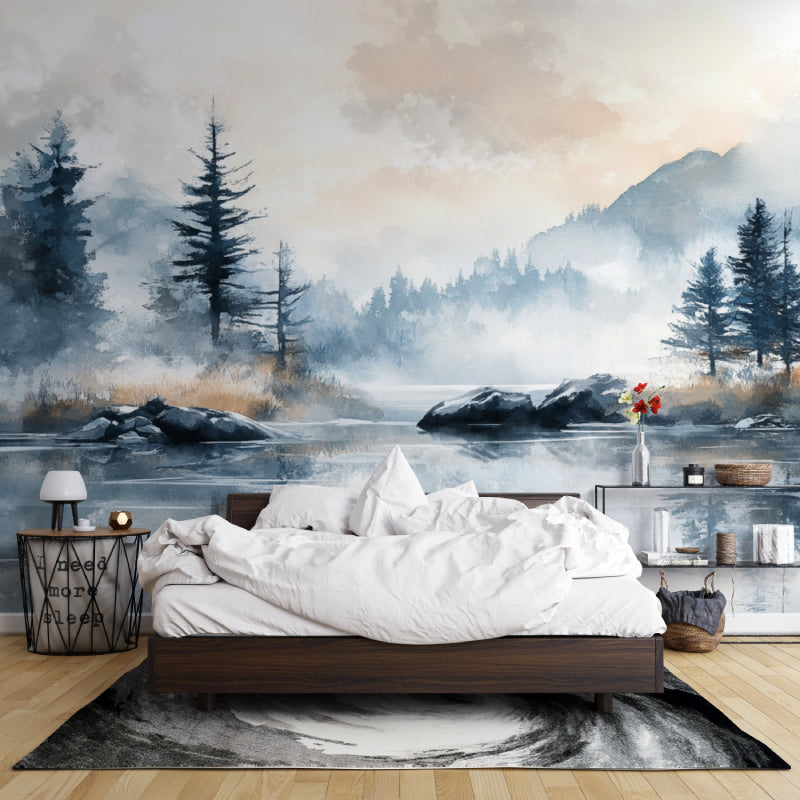 Peaceful bedroom featuring mountain landscape mural with soft morning light