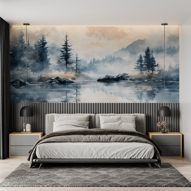 Dining room showcasing winter mountain mural in contemporary setting