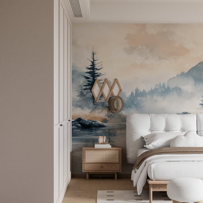 Mountain landscape wallpaper adding depth to minimalist hallway