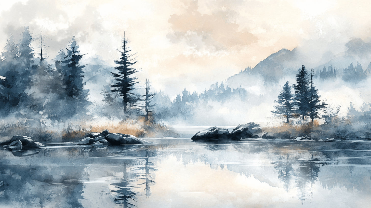 Mountain forest design file showing intricate watercolor details and misty landscape pattern