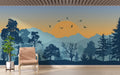 Mountain forest wallpaper creating depth in modern living room, sunset colors warming the space